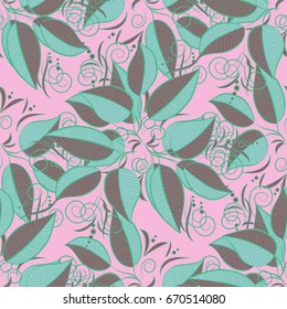 Seamless pattern with flowers and leaves on colored background, watercolor floral pattern, flower rose in color, tileable for wallpaper, card or fabric.