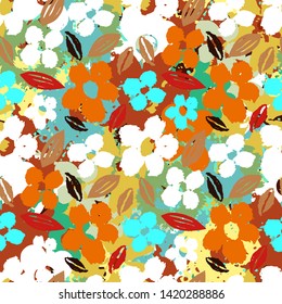 Seamless pattern with flowers, leaves, paint spots. Floral background. Summer repeating print. Fabric design, wallpaper