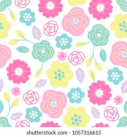 Seamless pattern with flowers and leaves in pastel colors. Perfect for wallpaper, gift paper, holiday greeting cards