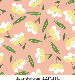 Seamless pattern of flowers and leaves, pastel colors. Vector design.