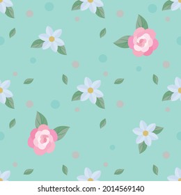 Seamless pattern with 
flowers and leaves. Perfect for wallpaper, gift paper and greeting cards.