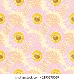 Seamless pattern with flowers and leaves. Pink floral blooming background. Vector illustration.