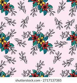 Seamless pattern with flowers and leaves. Pink background.