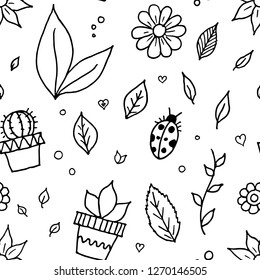 Seamless pattern of flowers, leaves and plants. Vector cartoon background. Hand-drawn style.