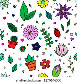 Seamless pattern of flowers, leaves and plants. Vector cartoon background. Hand-drawn style.