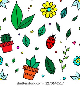 Seamless pattern of flowers, leaves and plants. Vector cartoon background. Hand-drawn style.