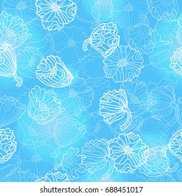 Seamless pattern with flowers and leaves of poppies, light contour plants on a blue background
