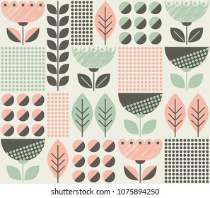 seamless pattern with flowers and leaves in retro scandinavian style