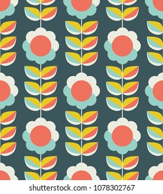 seamless pattern with flowers and leaves in retro scandinavian style