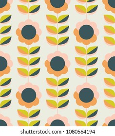 seamless pattern with flowers and leaves in retro scandinavian style