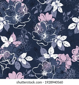 Seamless pattern with flowers, leaves, rosehip buds on a dark gray background. Artistic graphics.