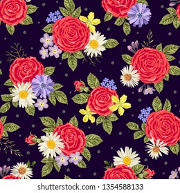 Seamless pattern with flowers, leaves and roses. Freehand drawing