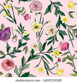Seamless pattern with flowers and leaves of roses, peonies and daffodils in pink. Tropical flowers vector illustration. EPS 10
