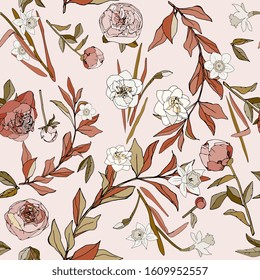 Seamless pattern with flowers and leaves of roses, peonies and daffodils. Tan tropical flowers vector illustration. EPS 10