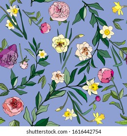 Seamless pattern with flowers and leaves of roses, peonies and daffodils. Tropical flowers vector illustration. EPS 10