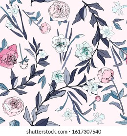 Seamless pattern with flowers and leaves of roses, peonies and daffodils. Tropical flowers vector illustration. EPS 10
