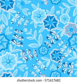 Seamless pattern with flowers and leaves scattered in a chaotic manner