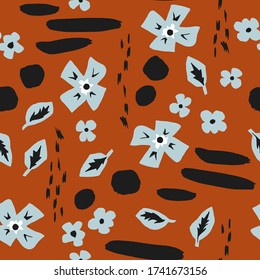 Patrón sin foco con flores, hojas y formas sobre un fondo de terracota. Excelente para textiles, blog de decoración, banner, afiche, papel envolvente.