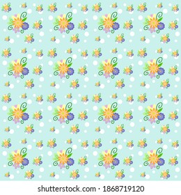 Seamless pattern with flowers and leaves , small  flowers and blue background.