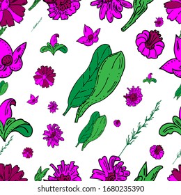 Seamless pattern. Flowers, leaves and spike.