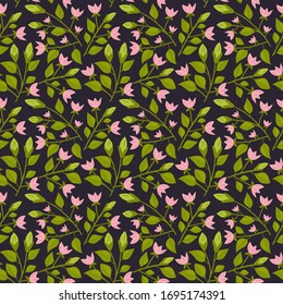 Seamless pattern with flowers and leaves. Spring floral texture. Creative texture for fabric, wrapping, textile, wallpaper, apparel. Vector Hand drawn illustration