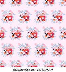 Seamless pattern of flowers and leaves with stethoscope and heart for National Nurses Day on soft pink background