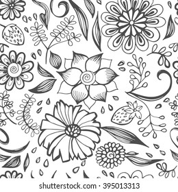 Seamless pattern with flowers, leaves and strawberry. Vector illustration. Botanic texture. Floral pattern in doodle style, spring sketch background.