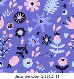 Seamless pattern with flowers and leaves. Suitable for fabric or wrapping paper.