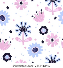 Seamless pattern with flowers and leaves. Suitable for fabric or wrapping paper.