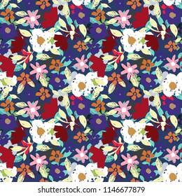 Seamless pattern with flowers, leaves. Summer print. Floral background. Fabric design, wallpaper