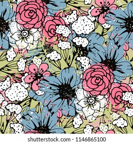 Seamless pattern with flowers, leaves. Summer print. Floral background. Fabric design, wallpaper