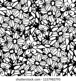 Seamless pattern with flowers, leaves. Summer print. Floral background. Fabric design, wallpaper in black and white