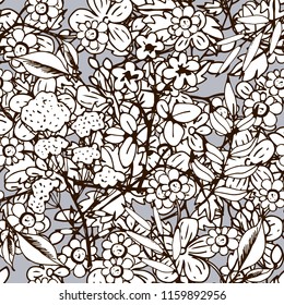 Seamless pattern with flowers, leaves. Summer print. Floral background. Fabric design, wallpaper