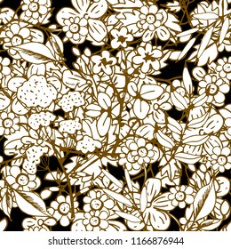 Seamless pattern with flowers, leaves. Summer print. Floral background. Fabric design, wallpaper