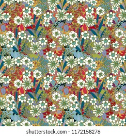 Seamless pattern with flowers, leaves. Summer print. Floral background. Fabric design, wallpaper