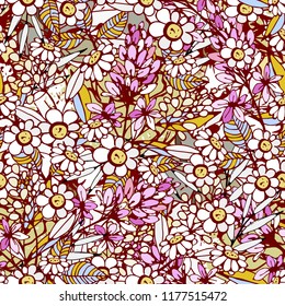 Seamless pattern with flowers, leaves. Summer print. Floral background. Fabric design, wallpaper