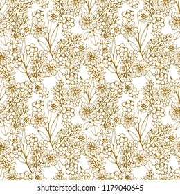 Padrão contínuo com flores, folhas. Impressão de verão. Fundo floral. Design de tecido, papel de parede