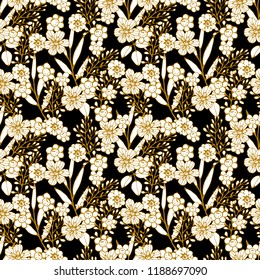 Seamless pattern with flowers, leaves. Summer print. Floral background. Fabric design, wallpaper