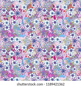 Seamless pattern with flowers, leaves. Summer print. Floral background. Fabric design, wallpaper