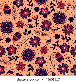 Seamless pattern with flowers, leaves. Summer floral garden background. Perfect for greeting cards, design, textile.