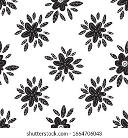 Seamless pattern with flowers and leaves.. Texture in ethno style. Fun background with floral illustration in bright colors. Vector illustration.