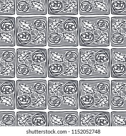 Seamless pattern with flowers and leaves in a tiled arrangement. Design for backdrops with sea, rivers or water texture.