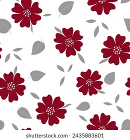 Seamless pattern with flowers and leaves. Traditional floral design in country style. Flower with six petals. Red flowers on white background. Vector illustration for paper, textile, cards.