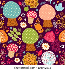 Seamless pattern with flowers, leaves and trees. Autumn seamless pattern