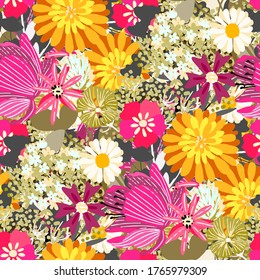 Seamless pattern with flowers, leaves. Tropical floral background. Fabric design. Summer print