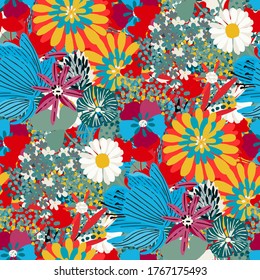 Seamless pattern with flowers, leaves. Tropical floral background. Fabric design. Summer print