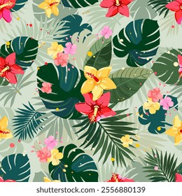 Seamless pattern with flowers and leaves. Tropical ornament for fabric, covers, wallpaper.