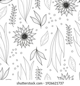 seamless pattern with flowers, leaves, twigs. vector flat style. hand drawing. design for fabric, textile, print, wrapper