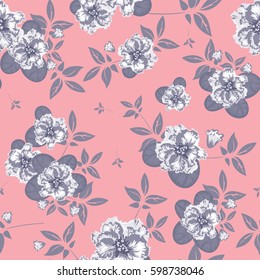 Seamless pattern with flowers and leaves, and twigs. Light pink background, grey floral elements. Vector background.