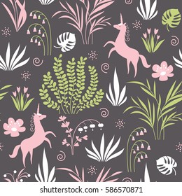 seamless pattern with flowers, leaves, unicorns